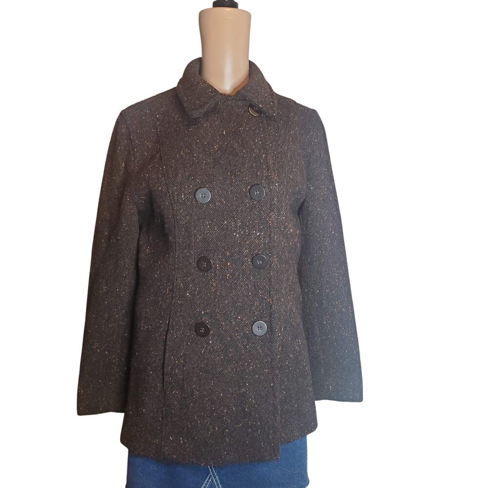 Jones New York Sport Size 6 Brown Speckled Tweed Wool Blend Pea Coat